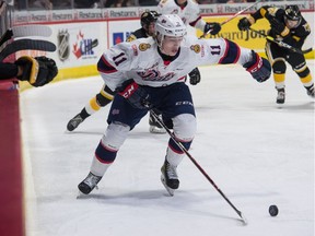 REGINA, SASK : December 28, 2018  -- The Regina Pats' Carter Massier (11) carries the puck during a game against the Brandon Wheat Kings at the Brandt Centre. BRANDON HARDER/ Regina Leader-Post