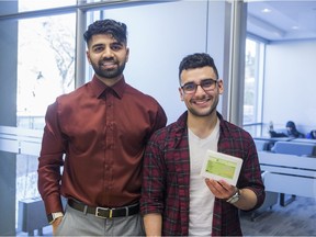 Shazaib Fida, left, and Shayan Shirazi, third year pharmacy students and co-founders of Minimizing the Opioid Crisis, display a fentanyl testing kit they are working to make available in Saskatoon, SK. on Wednesday, March 13, 2019.