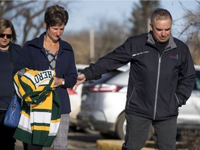 Raelene and Russell Herold, parents of Adam Herold, enter the Kerry Vickar Centre, which is being used for the sentencing of Jaskirat Singh Sidhu, the driver of a transport truck involved in the deadly crash with the Humboldt Broncos bus, in Melfort, Saskatchewan on Friday, March 22, 2019.