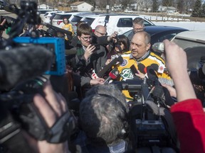 Mark Dahlgren, father of bus crash survivor and former Humboldt Broncos player Kaleb Dahlgren, speaks to the media the Kerry Vickar Centre, which is being used for the sentencing hearing of Jaskirat Singh Sidhu (not pictured), the driver of a transport truck involved in the deadly crash with the Humboldt Bronco's bus, in Melfort, Saskatchewan on Friday, March 22, 2019. Sidhu was sentenced to 8 years in prison.