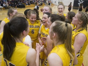 The LeBoldus Golden Suns celebrate their 5A girls championship at Hoopla on Saturday in Saskatoon.