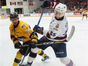 The Brandon Wheat Kings' Ben McCartney, left, battles for the puck with the Regina Pats' Liam Schioler in WHL action at Westoba Place on Saturday.