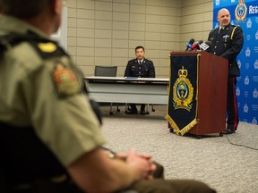 Weyburn Police chief Marlo Pritchard speaks at a new conference regarding the 2019 Saskatchewan gun amnesty, in which police are hoping to collect unwanted firearms.