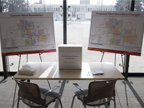Maps of proposed changes to ward boundaries is on display in the Regina City Hall foyer.