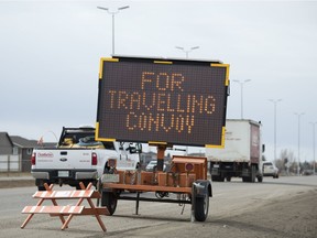 A sign on Arcola Avenue warns drivers about a traffic delay on April 4th for a truck convoy in Regina. The convoy is part of the Regina Rally Against the Carbon Tax.