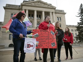 Former student Lorna Standingready speaks at a rally outside the Legislative Building after hearing that Cornwall school will be losing its funding and is facing closure in Regina last year.