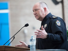 Regina Police chief Evan Bray speaks at an event held at the Conexus Arts Centre encouraging youth to reach out to Crime Stoppers regarding suspicious activity in schools or the community.
