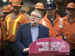 Minister of Public Safety Ralph Goodale speaks inside the Slitter Line Building at the Evraz facility on March 6, 2019.