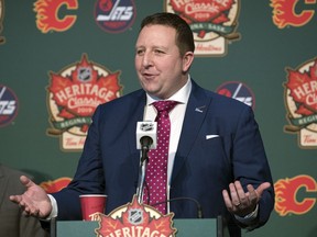 Tim Reid, president and CEO of REAL, speaks at media conference held at Mosaic Stadium to help promote the  upcoming  NHL's Heritage Classic.