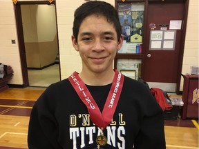 Kordin Gould of O'Neill is shown with his gold medal at the Regina High Schools Athletic Association wrestling championships on Saturday.