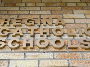 The sign on the front wall of Regina's Catholic school board office on Cameron Street.