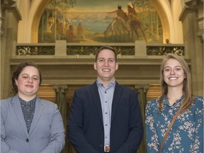 Second year Saskatchewan medical students Alisha Beler, from left, Samuel Simonson and Laura Witt attend the Legislative Building in Regina. The group meet with Minister of Health Reiter calling for universal coverage for Mifegymiso. TROY FLEECE / Regina Leader-Post