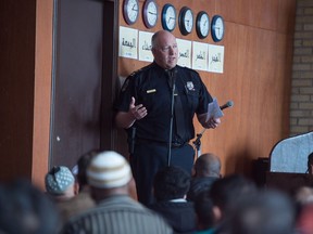 Regina police chief Evan Bray speaks to members of the congregation at the IAOS Regina Mosque on Montague Street.