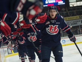 Nick Henry of the Lethbridge Hurricanes celebrates a goal against his old team, the Regina Pats, during WHL action at the Brandt Centre on Saturday.