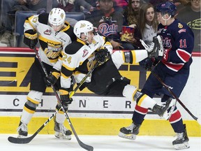 The Regina Pats' Carter Massier sends the Brandon Wheat Kings' Connor Gutenberg flying through the air during Regina's final home game of the season on Friday at the Brandt Centre.