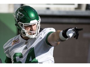 Offensive lineman Dakoda Shepley, shown during a practice-roster stint with the Saskatchewan Roughriders last October, has signed with the CFL team for two years plus an option.