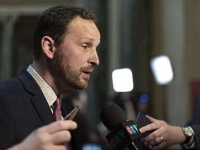 Opposition Leader Ryan Meili speaks to media during Budget Day at Legislative Building in Regina, Saskatchewan on Wednesday March 20, 2019.