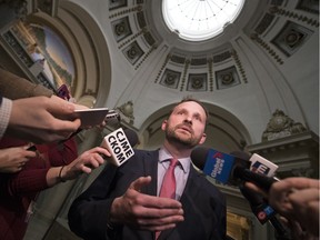 NDP Leader Ryan Meili speaks with journalists in the rotunda of the Legislative Building as session resumes March 4, 2019 in Regina.