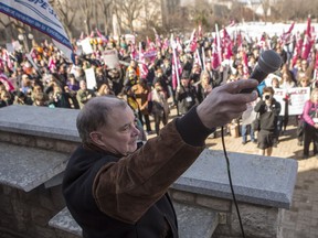 CUPE Local 1975 president Craig Hannah speaks to a rally on the U of S campus in March.