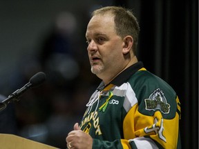 Humboldt Broncos president Jamie Brockman speaks to the crowd of 3,000 on Saturday at Elgar Petersen Arena.