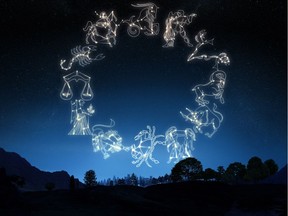 Zodiac signs on a gradient sky background.