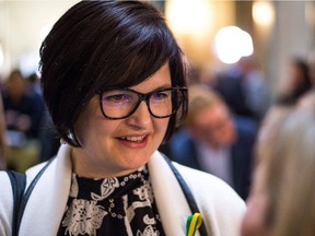 Carla Beck, education critic and New Democratic Party MLA, chats in the rotunda at the legislative building in Regina following the release of the 2018-2019 provincial budget.