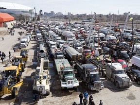 Hundreds of vehicles that took part in the Regina Rally Against The Carbon Tax   in Regina gather at Evraz Place on April 4.