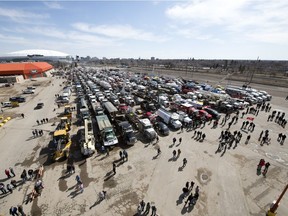 Hundreds of vehicles that took part in the Regina Rally Against The Carbon Tax gather at Evraz Place.