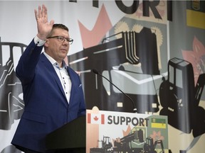 Premier Scott Moe speaks at Evraz Place in Regina during a rally protesting the Trudeau carbon tax, Bill C-69, Bill C-48, and advocating for pipelines in April.