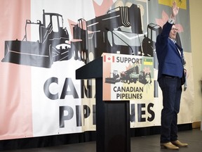 Premier Scott Moe speaks at Evraz Place in Regina on April 4, 2019 during a rally protesting the federal carbon tax, Bill C-69, Bill C-48, and advocating for pipelines.