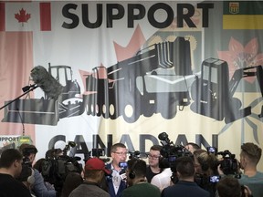 Premier Scott Moe speaks to the media at Evraz Place in Regina on April 4, 2019 during a rally protesting the Trudeau carbon tax, Bill C-69, Bill C-48, and advocating for pipelines.