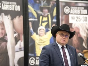 Bruce Holmquist, Canadian Western Agribition (CWA) president, speaks at the CWA annual general meeting held at the Queensbury Centre in Regina.