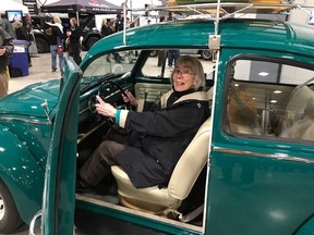 Bev Hill sits in the '66 Beetle at the Majestics — 53 years to the day after she bought it. (Photo courtesy Randy Drackett.)
