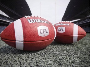 New CFL balls are photographed at the Winnipeg Blue Bombers stadium in Winnipeg on May 24, 2018. The Canadian Football League Players' Association says the CFL has "unilaterally" decided to delay contract negotiations.The news comes after two days of talks between the league and its players association in Vancouver.