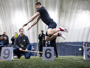 Max Zimmerman, a receiver from Berlin, is shown at the CFL's combine in Toronto. Zimmermann the sixth overall pick in the European draft, was signed by the Riders on Thursday.