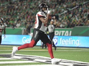 William Powell, shown scoring a touchdown for the Ottawa Redblacks against the host Saskatchewan Roughriders last season, is expected to carry the load for the Green and White in 2019.