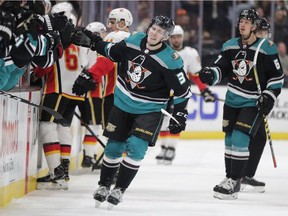 The Anaheim Ducks' Sam Steel celebrates his first-period goal against the Calgary Flames on Wednesday.