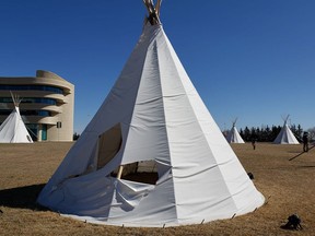 A photo posted to Facebook Sunday morning shows apparent vandalism to teepees in front of the First Nations University of Canada. The teepees were part of an art installation. TROY ISNANA/FACEBOOK