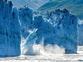 A massive piece of Hubbard Glacier calves off into Disenchantment Bay.