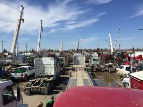 Trucks parked at Evraz Place before the anti-carbon tax rally.