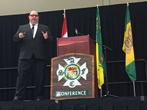 Jim Burneka, founder of Firefighter Cancer Consultants, speaks to fire chiefs from across Saskatchewan about his 25 recommendations to prevent firefighter occupational cancer at Mosaic Place.