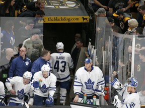 Maple Leafs centre Nazem Kadri leaves the ice after being ejected during the third period of Game 2 against the Boston Bruins, on Saturday night. (Mary Schwalm/The Associated Press)