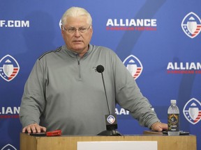 FILE - In this March 17, 2019, file photo, San Diego Fleet head coach Mike Martz talks to the media in San Diego. The Alliance of American Football is suspending operations eight games into its first season. A person with knowledge of the decision tells The Associated Press the eight-team spring football league is not folding, but games will not be played this weekend. The decision was made by majority owner Tom Dundon. The person spoke to The Associated Press on condition of anonymity because league officials were still working through details of the suspension. An announcement from the league is expected later Tuesday, April 2, 2019.