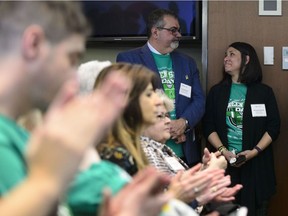 Toby and Bernadine Boulet look at one another as they are recognized during an event for Green Shirt Day and National Organ and Tissue Donation Awareness Week in Ottawa on Wednesday, April 3, 2019. Their son Logan Boulet had registered to donate his organs shortly before he was killed in the Humboldt bus crash tragedy. Logan's legacy: the "Logan Boulet Effect," inspired more than 100,000 Canadians to register their decision to become an organ donor in the wake of the Humboldt tragedy.