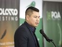 Thomas Benjoe, president and CEO of FHQ Developments, speaks at a signing ceremony held at First Nations University of Canada.  Saskatchewan-based FHQ Developments is partnering with PQA, a leading national IT services provider, to establish PLATO Sask., a new, majority-Indigenous-owned software testing business.