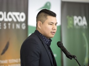 Thomas Benjoe, president and CEO of FHQ Developments, speaks at a signing ceremony held at First Nations University of Canada. Saskatchewan-based FHQ Developments is partnering with PQA, a leading national IT services provider, to establish PLATO Sask., a new, majority-Indigenous-owned software testing business.