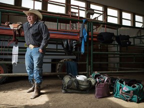 Beatle Soop, a rodeo cowboy and community addictions counsellor with Sakimay First Nation, stands in a barn where he was teaching a Rodeo 101 course to kids from that reserve.