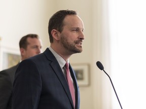 Opposition NDP Leader Ryan Meili speaks during a morning press conference at the legislature in Regina on March 20, 2019. The Saskatchewan NDP is calling on Premier Scott Moe's government to introduce legislation that would protect students' abilities to form gay-straight alliances. Opposition leader Ryan Meili cited the campaign promise United Conservative leader Jason Kenney made in Alberta's provincial election to remove the privacy protection for students participating in a GSA club.