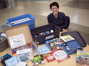 REGINA, SASK :  April 24, 2019  --    Sherry Chase, curriculum and instruction co-ordinator for the Regina Catholic School Division, with a Tinker Tub at Sacred Heart School.  The Tinker Tub Project aims to encourage students to think critically, collaborate and be creative in problem-solving. TROY FLEECE / Regina Leader-Post