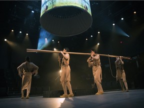 Cast members of Making Treaty 4 rehearse a scene from the play they devised, which runs through April 28 on the Globe Theatre mainstage.